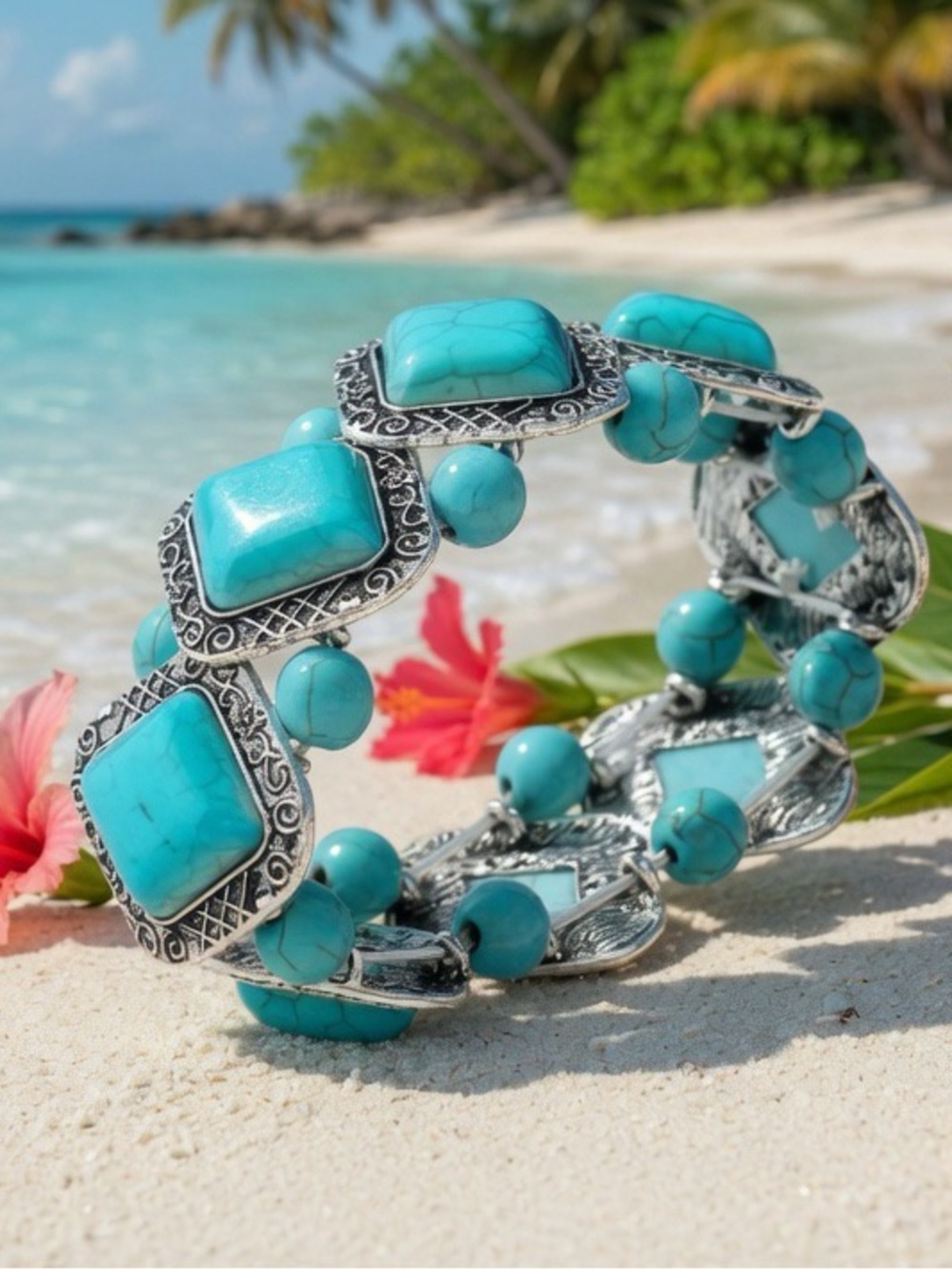 Turquoise stone and silver stretch bracelet